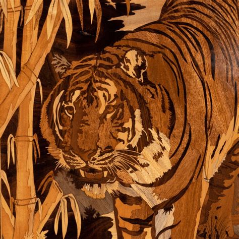 Dramatic Art Deco Period Intarsia Wood Panel Of A Tiger At 1stdibs