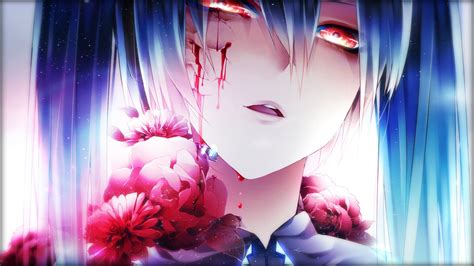Anime Girls Anime Crying Hatsune Miku Flowers Red