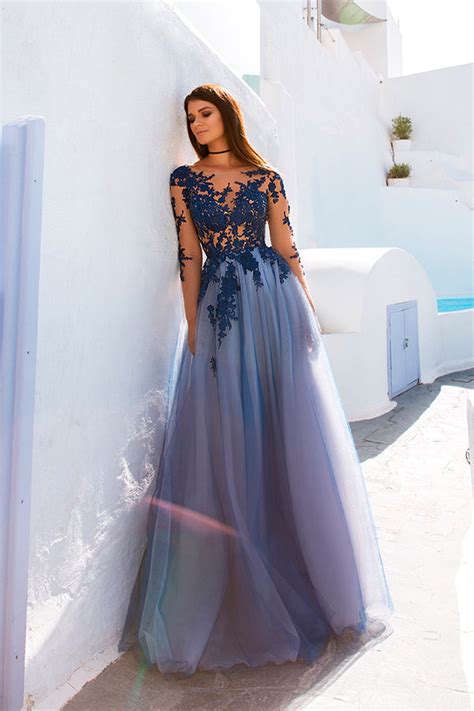 Open Back See Through Blue Lace Long Sleeve Long Prom Dress Promnova