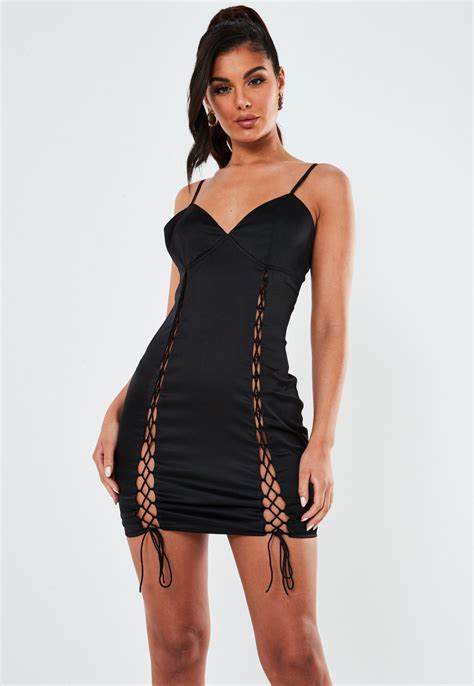 black satin lace up mini dress missguided