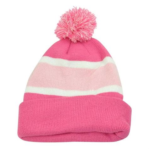 Women Ladies Pink Beanie Pom Pom Knit Thick Hat Plain Blank Striped