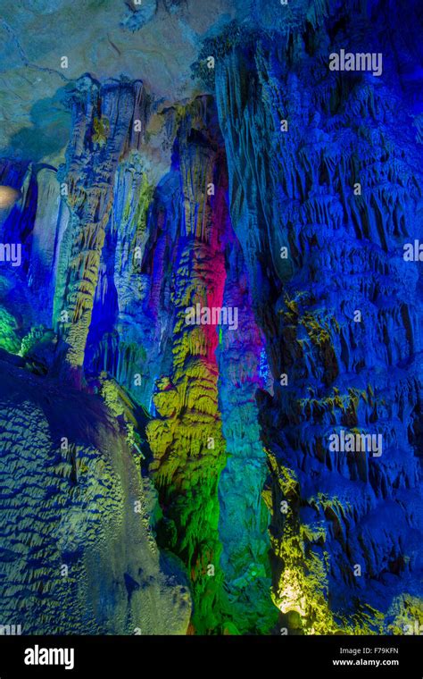 Reed Flute Caves Lit By Coloured Lights Guilin Region Guangxi China