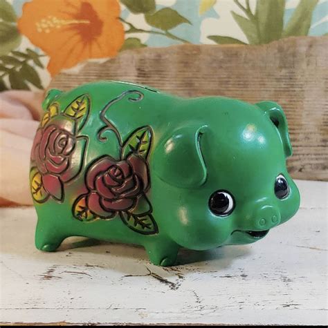 Vintage Ceramaster Green Floral Piggy Bank Alcancias Frascos Monedas