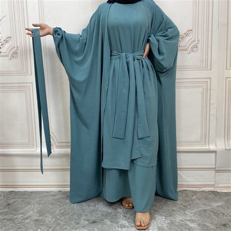 3 piece abaya set butterfly kimono sleeveless dress pleat wrap tie skirt islamic clothing women