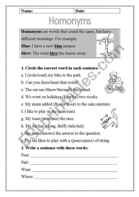 Printable Homonyms Worksheets Pdf