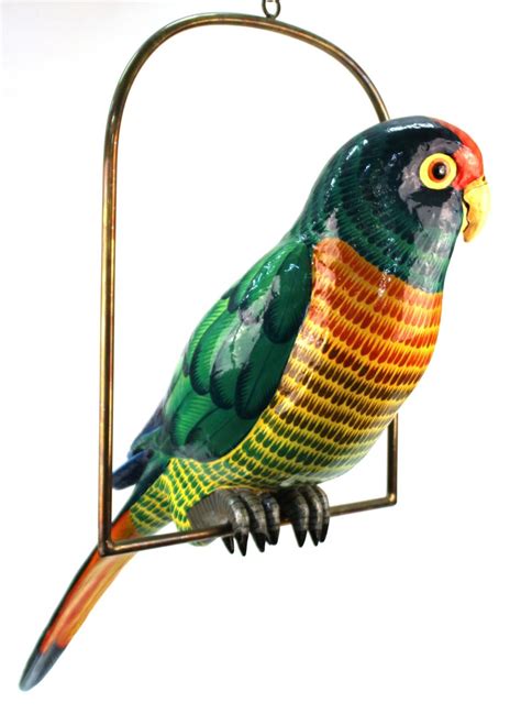 Sergio Bustamante Parrot Sculpture In Paper Mâché On Brass Swing At