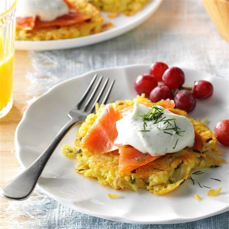 Recipe adapted from chef corso of montyboca. Hash Brown Pancakes with Smoked Salmon & Dill Cream Recipe | Taste of Home