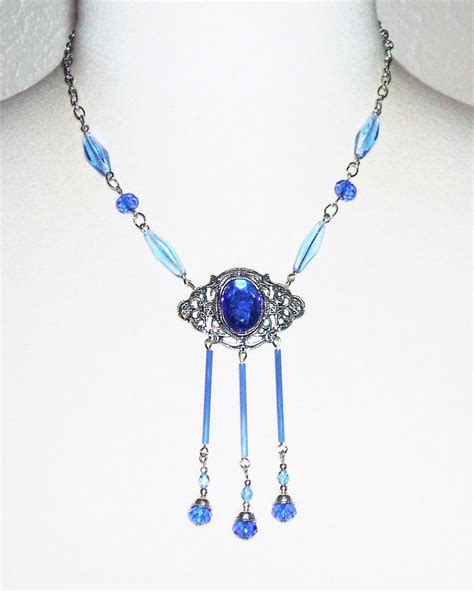 Victorian Necklace Czech Blue Glass Glass Drops Art Deco Silver Plated