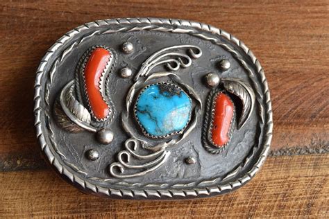 Vintage Sterling Silver Turquoise And Coral Belt Buckle Macs