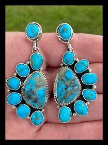 Navajo Large Kingman Turquoise Ss Half Cluster Earrings Bernita