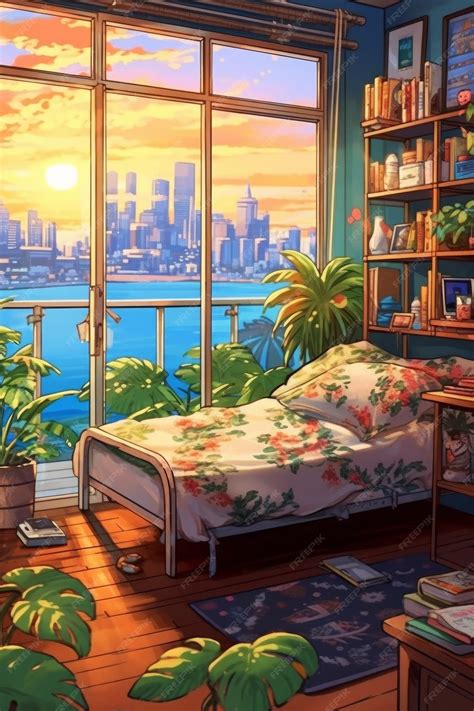 Premium Ai Image A Painting Of A Room With A View Of A City And A
