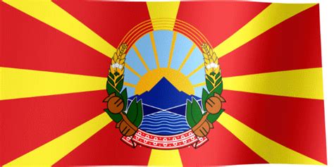 Знаме на северна македонија) depicts a stylized yellow sun on a red field, with eight broadening rays extending from the center to the edge of the field. North Macedonia Flag GIF | All Waving Flags