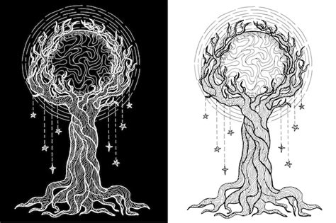 Premium Vector Black And White Mystic Fantasy Tree Line Art Vector