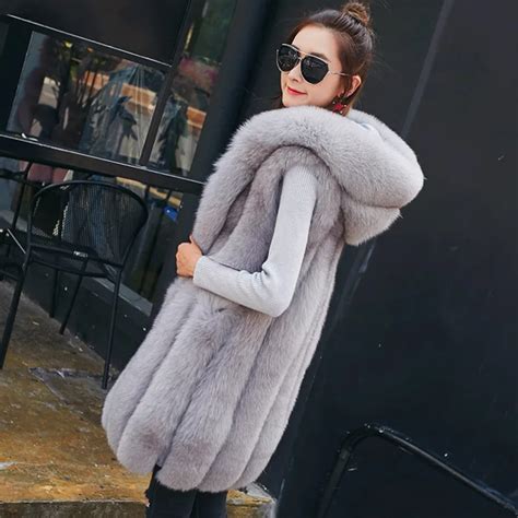 2018 winter thick warm faux fox fur vest women with fox fur trim hood coat women outerwear women