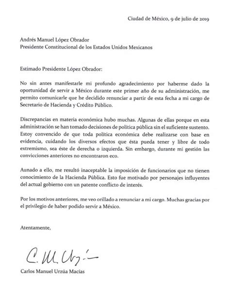 Carta De Renuncia De Carlos Urzúa Secretario De Hacienda Al Presidente