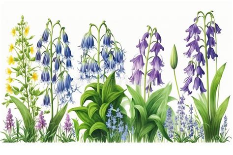 Group Of Bluebell Watercolor Blooming Spring Beautiful Colorful Flowers