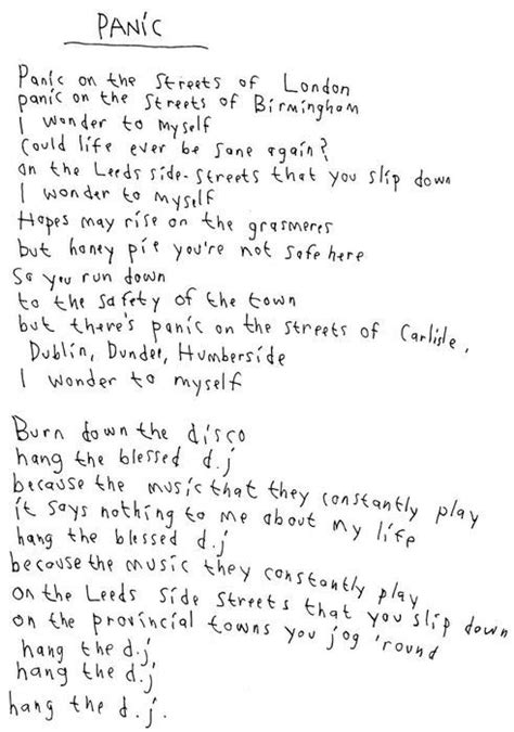 Morrisseys Handwritten Lytics To Panic Indie Lyrics Morrissey