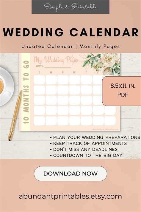 Printable Wedding Calendar Wedding Planning Wedding Etsy