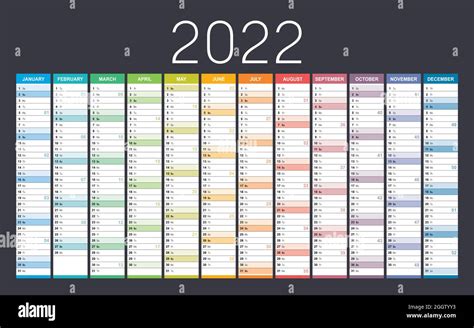 Year 2022 Colorful Wall Calendar With Weeks Numbers On Black