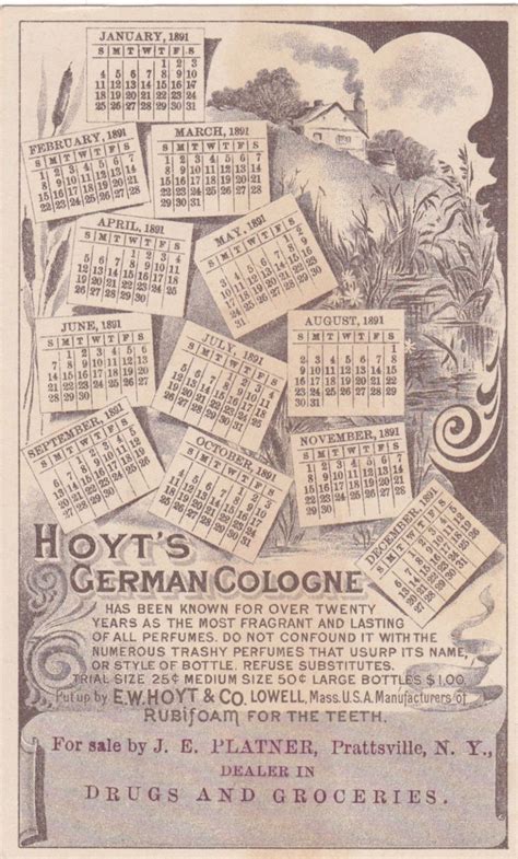 2 Victorian Trade Card Hoyts German Cologne Lowell Ma 1891 Calendar