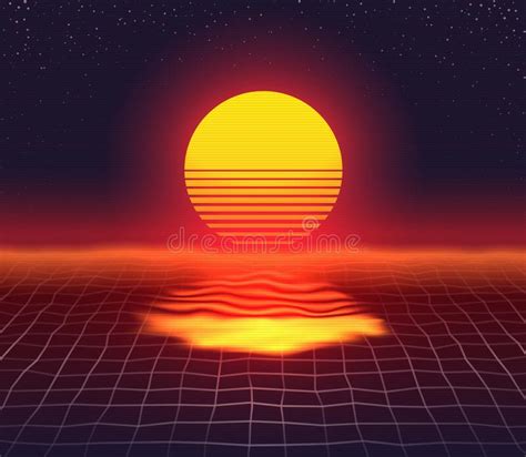 Retro 80s Futuristic Sunset Design Grid Water Surface Bright Sun Over