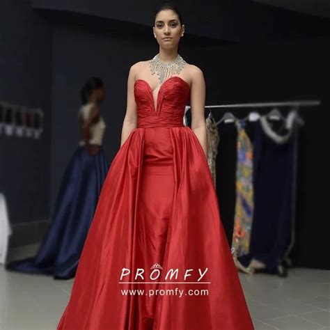 Pleated Strapless Red Satin Overskirt Prom Dress Promfy