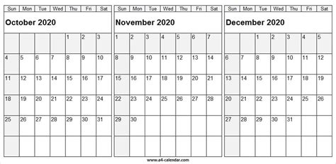 October November December 2020 Calendar A4 Pinterest December