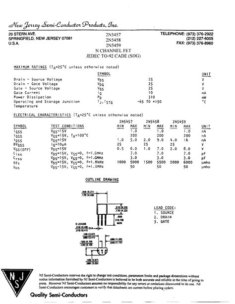 Datasheet 2n5457 2n5458 2n5459 New Jersey Semiconductor Preview And