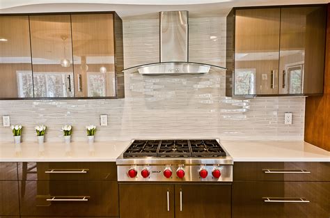 Contemporary Kitchen With White Waved Glass Tile Backsplash