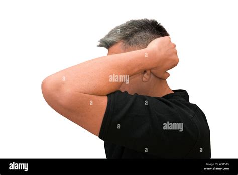 Guy Put Hands Behind Head Isolated Profile Portrait On White Background Emotion And Gesture Of