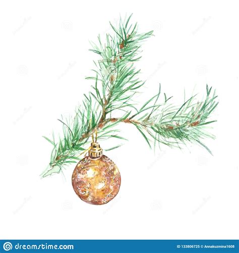 Winter Watercolor Christmas Tree Branch With Golden Glass Bauble