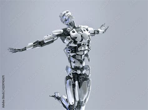 A Male Humanoid Robot Android Or Cyborg Arms Up Pose Freedom Or