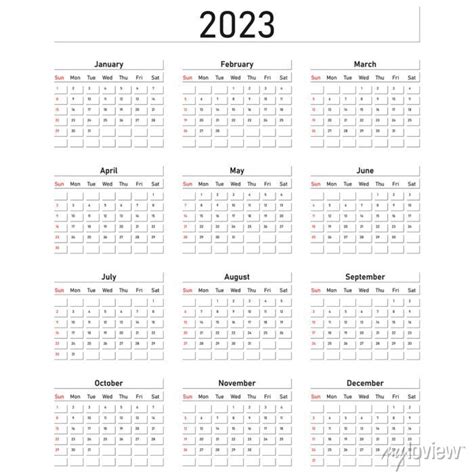 English Calendar For 2023 Week Starts On Sunday Vector Illustration
