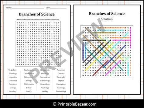 Branches Of Science Word Search Puzzle Worksheet Activity Printablebazaar