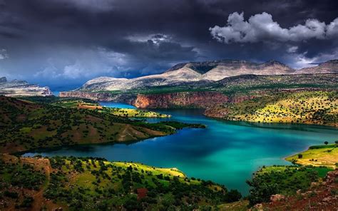 Landscape Nature River Euphrates Turkey Mountain Shrubs Clouds