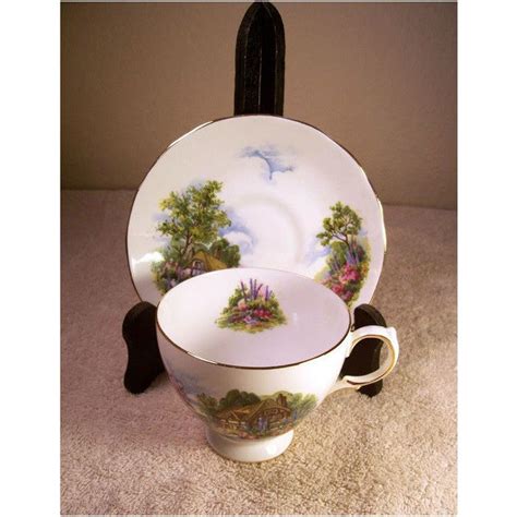 Royal Vale Bone China Footed Cup And Saucer Cottage Pattern Vintage On