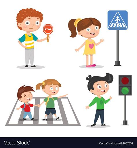 Set Of Children Teaching Road Safety Traffic Vector Image Child