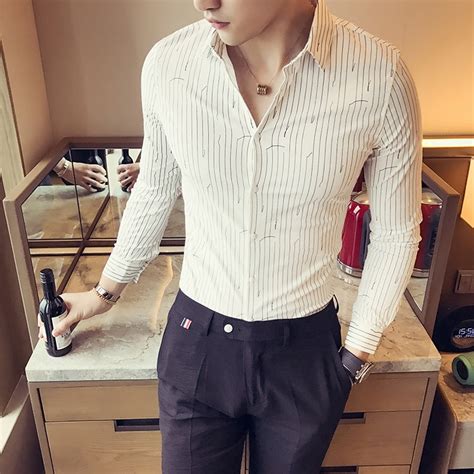 high quality men shirt spring new slim fit striped business dress shirts long sleeve casual
