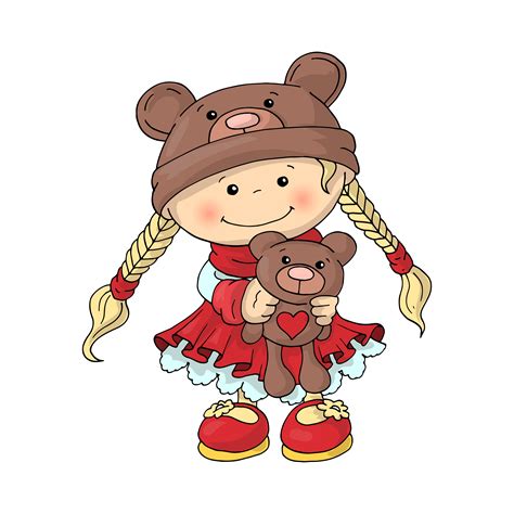 A Cute Little Girl In A Teddy Bear Hat In A Smart Red Dress With A