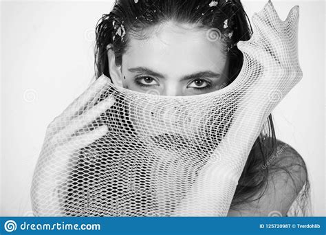 Young Woman Robber Bandit Gangster Wears Mask Of White Fishnet Stock Image Image Of Girl