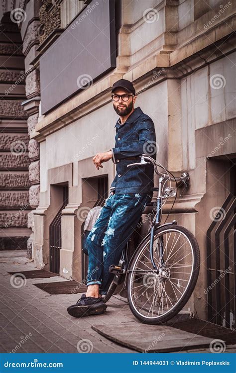Portrait Of A Man And His Vintage Bicycle Stock Image Image Of Casual