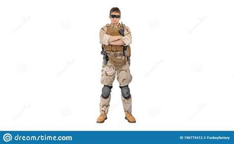 Private Military Contractor With Crossed Arms On White Backgroun Stock