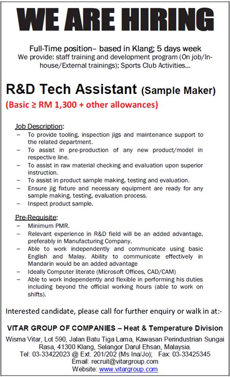 Undeniably keen on continuous improvement, one that includes fostering a lean workforce, i am submitting my. R&D Technical Assistant (Sample Maker) | Klang Job Vacancy ...