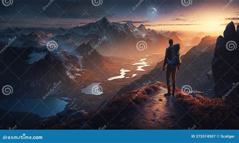 Man Hiker Stands And Looks At Mountain Landscape From Top At Sunset