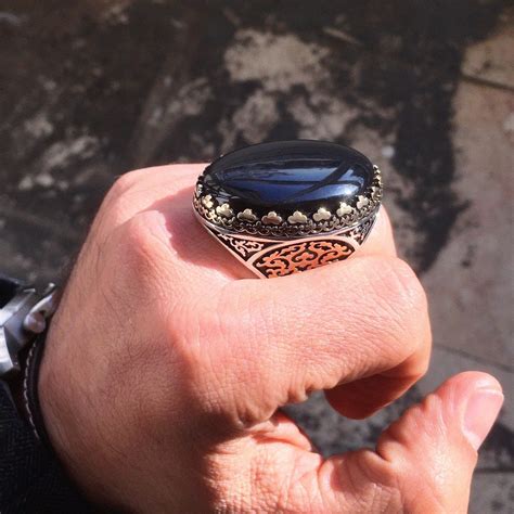 Big Mens Ring Black Onyx Sterling Silver Unique Artisan Solid