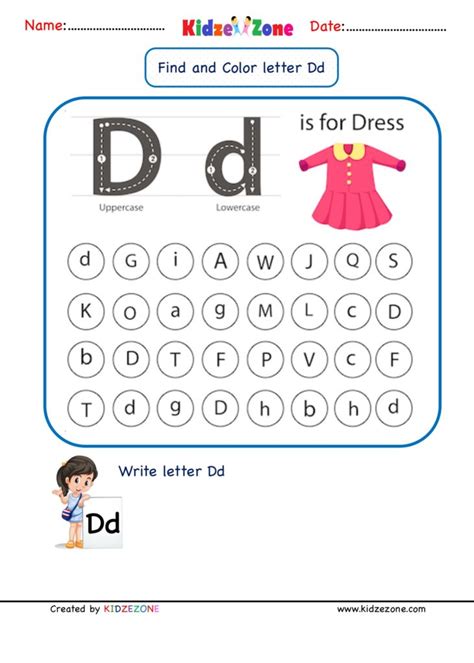 Kindergarten Letter D worksheets - Find and Color - KidzeZone