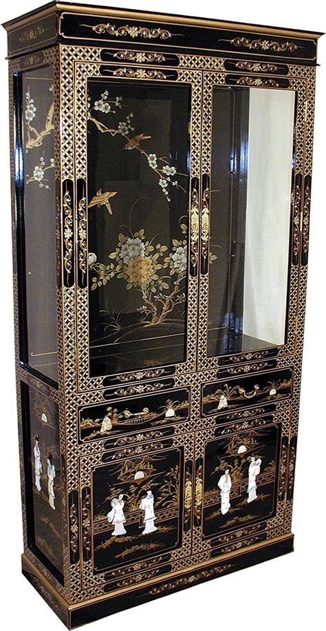 Oriental Chinese Furniture Black Lacquer Display Cabinet With Mother