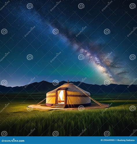 Traditional Mongolian Yurt At Night Under The Milky Way With Mountains