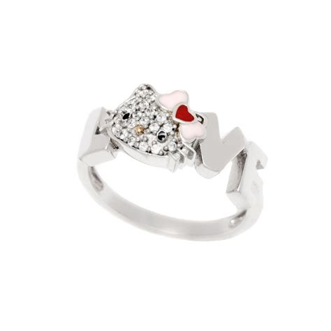 Hello Kitty 925 Silver Heart Bow Made With Swarovski Crystal Face Love Ring Gemstoneking Love