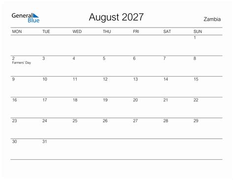 Printable August 2027 Monthly Calendar With Holidays For Zambia